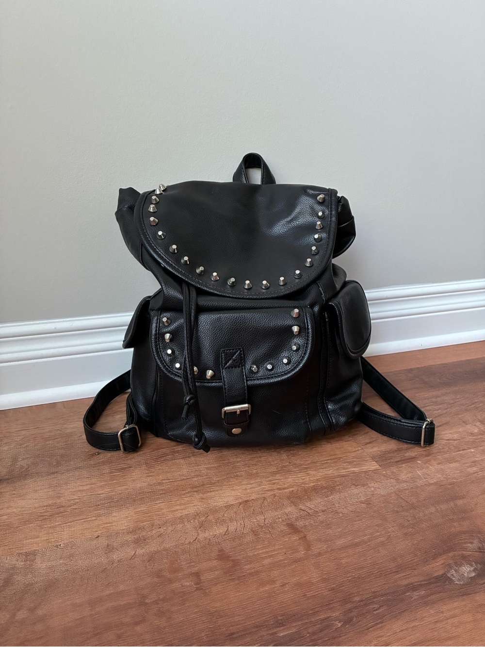 Stone Mountain Studded Black Faux Leather Drawstring Backpack